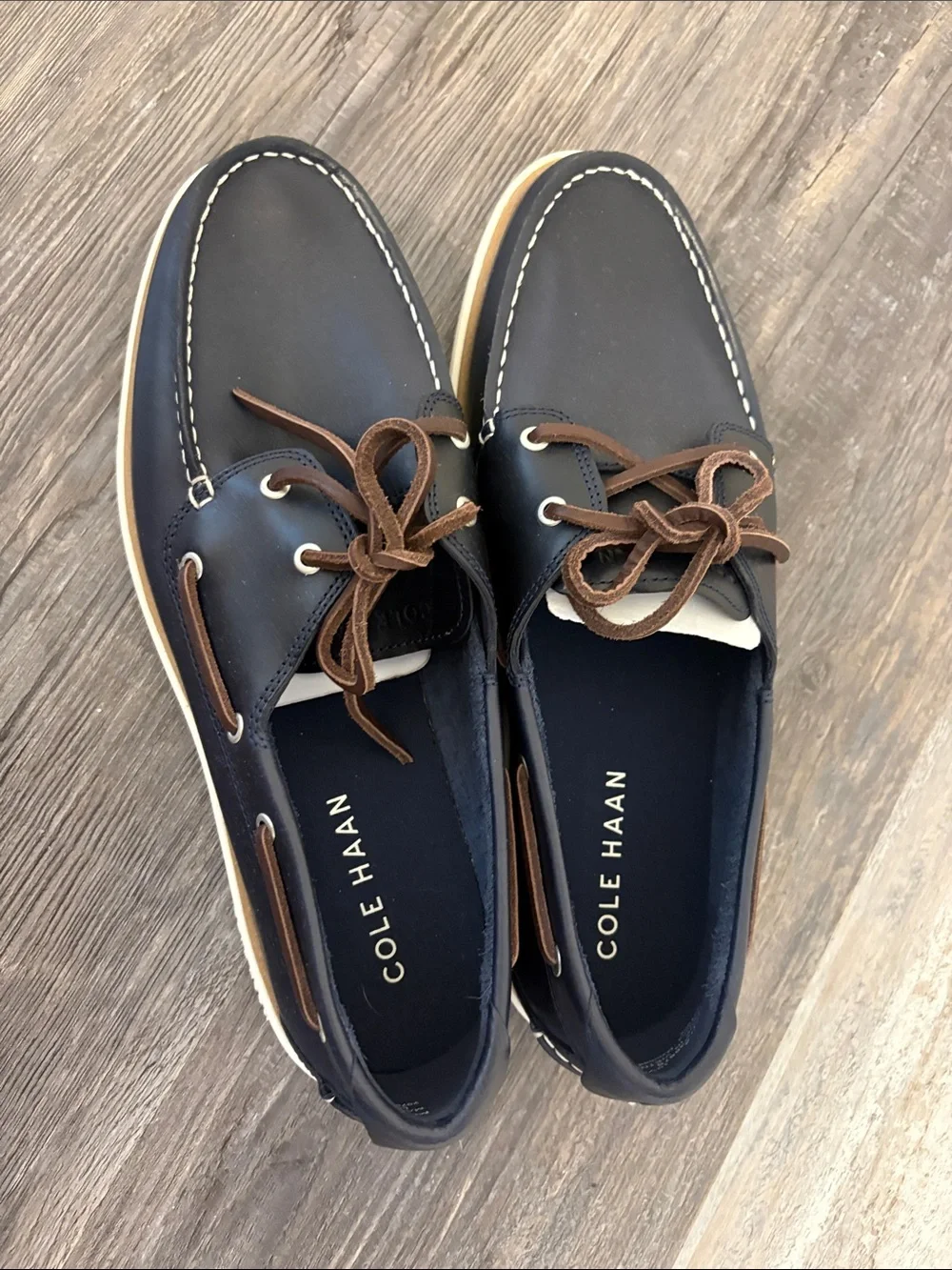 Cole Haan Navy Leather Boat Shoes with Brown Laces (Brand New)